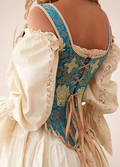 Steampunk Victorian Style Corset, Blue Gold / XL