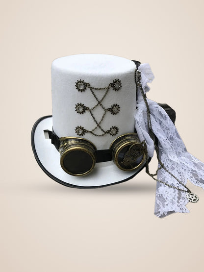 Chain Linked Gear Medallion White Top Hat in White, product photo, three quarter view, picture 2