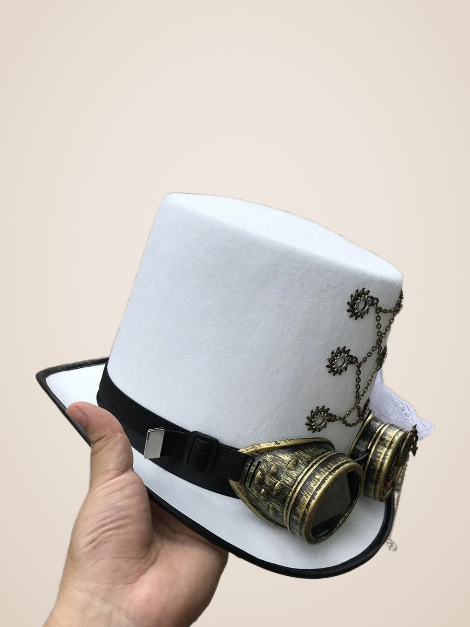 Chain Linked Gear Medallion White Top Hat in White, product photo, three quarter view, picture 3