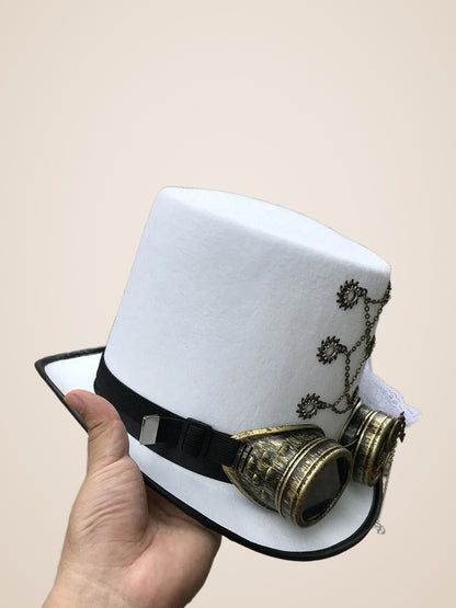 Chain Linked Gear Medallion White Top Hat in White, product photo, three quarter view, picture 3