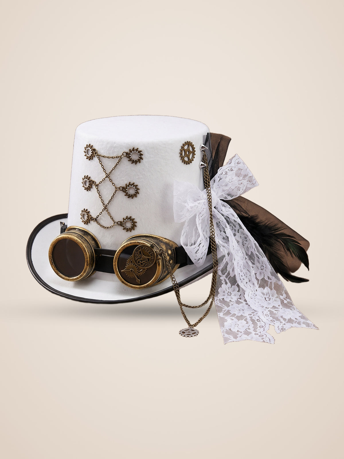 Chain Linked Gear Medallion White Top Hat in White, product photo, three quarter view, picture 4