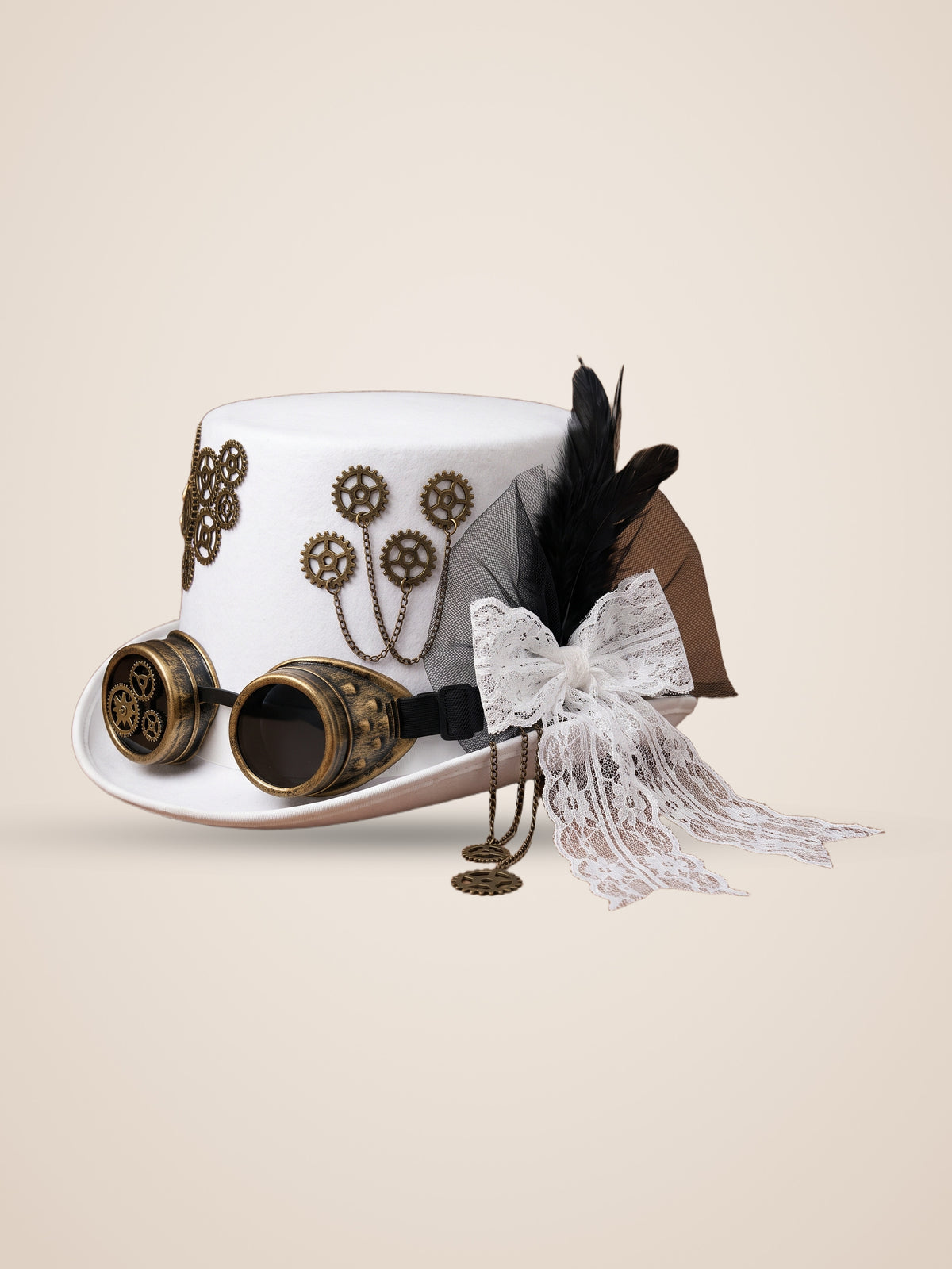 Chain Linked Gear Medallion White Top Hat in White, product photo, three quarter view, picture 5
