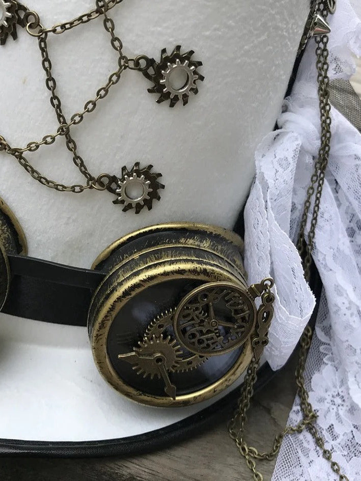 Chain Linked Gear Medallion White Top Hat in White, close up detail