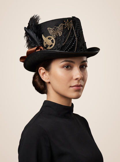 Gold Butterfly Medallion Beaded Chain Top Hat in Black, worn by a model