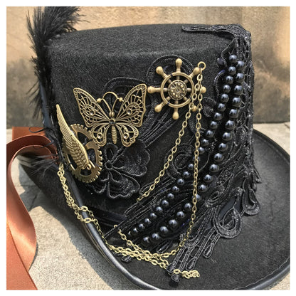 Gold Butterfly Medallion Beaded Chain Top Hat in Black, close up detail