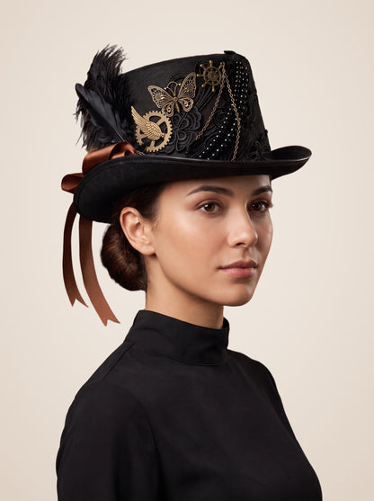 Gold Butterfly Medallion Beaded Chain Top Hat in Black, worn by a model, front view