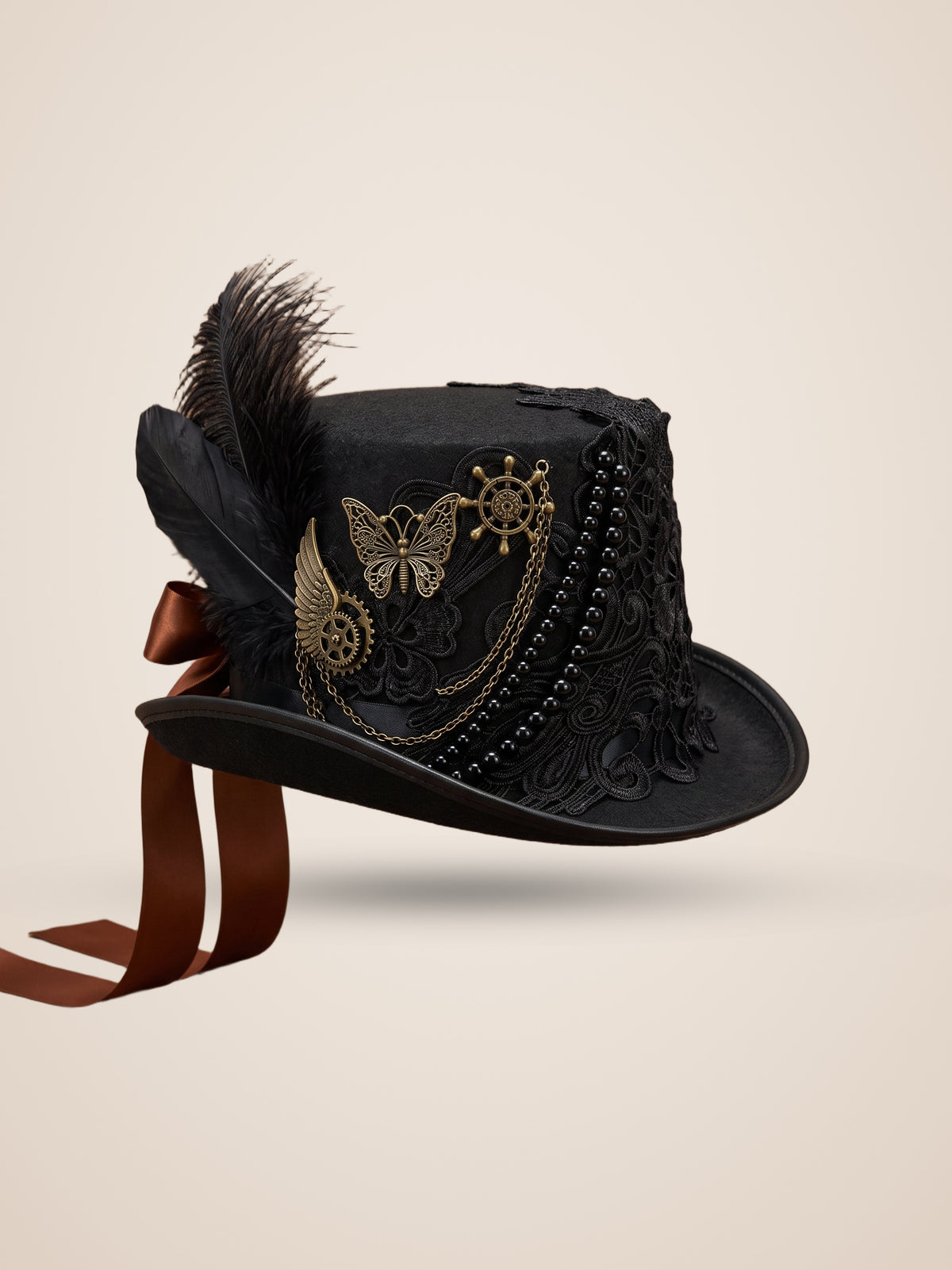 Gold Butterfly Medallion Beaded Chain Top Hat in Black, product photo, front view