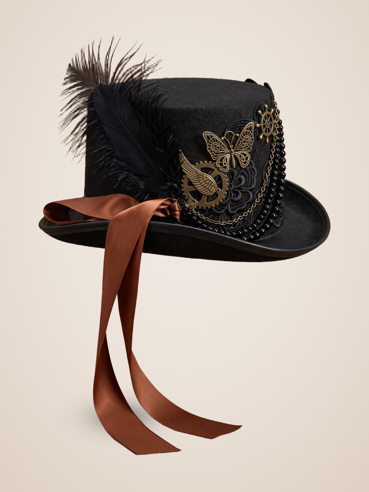 Gold Butterfly Medallion Beaded Chain Top Hat in Black, product photo, side view, right side, picture 6
