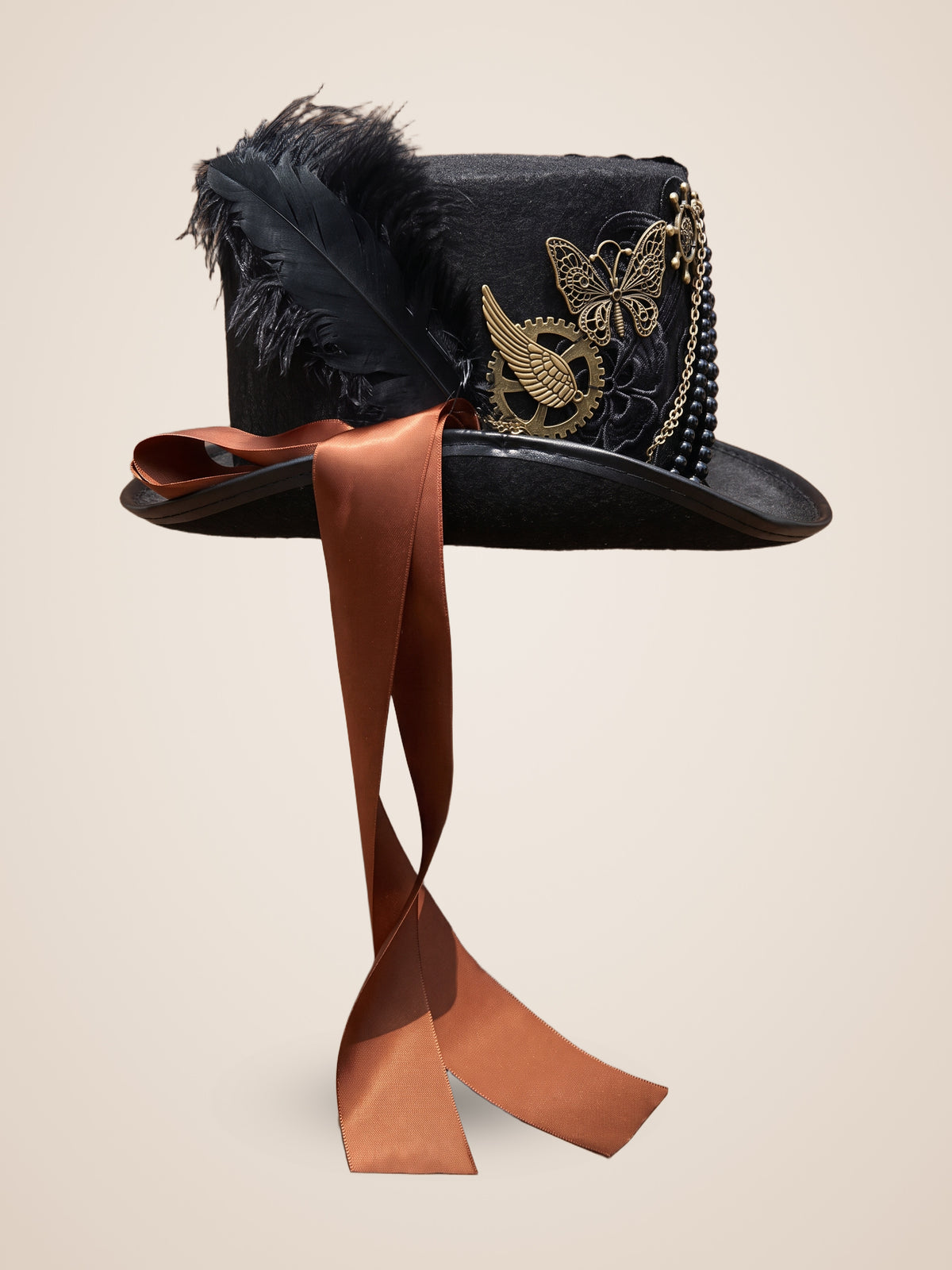 Gold Butterfly Medallion Beaded Chain Top Hat in Black, product photo, side view, right side, picture 7