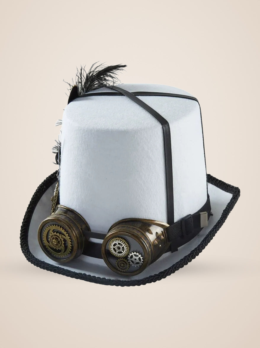 Feathered Gear Goggle White Top Hat in White, product photo, three quarter view, front left