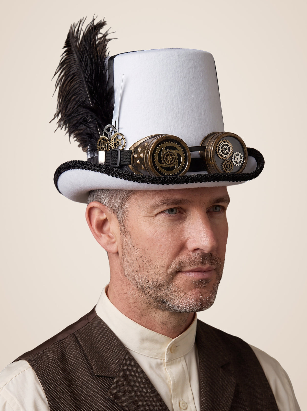 Feathered Gear Goggle White Top Hat in White, worn by a model, front view