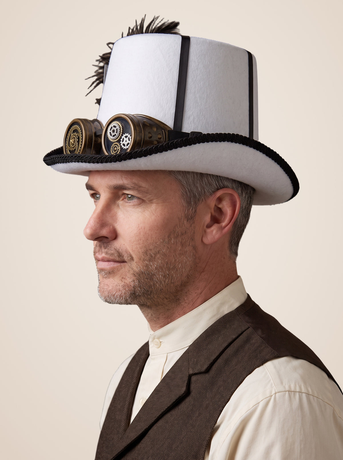 Feathered Gear Goggle White Top Hat in White, worn by a model, side profile, left side, picture 8