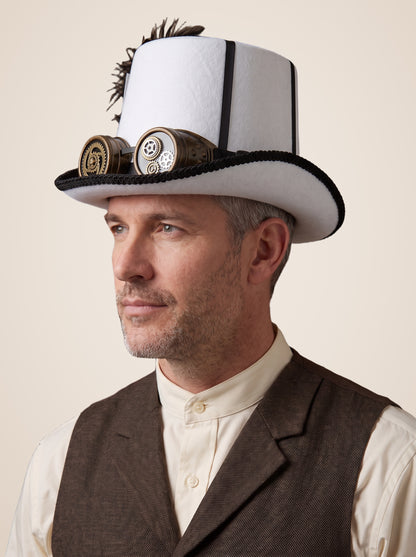 Feathered Gear Goggle White Top Hat in White, worn by a model, side profile, left side, picture 9