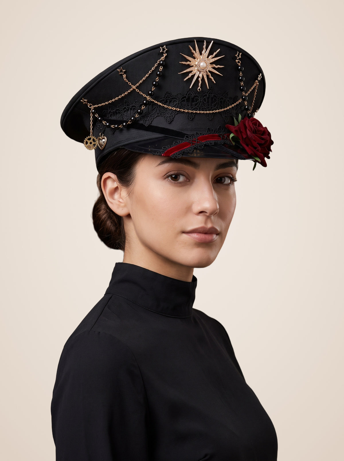 Copper Sunburst Medallion Officer Cap in Red Roses, worn by a model