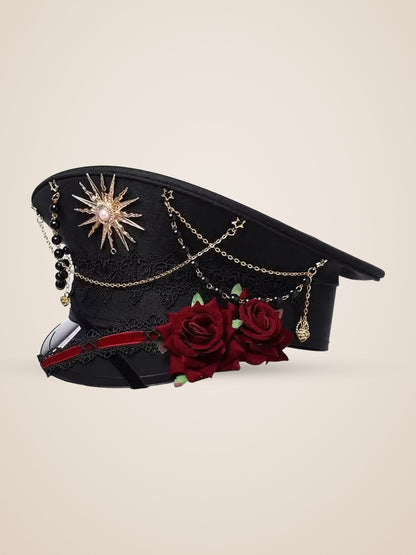 Copper Sunburst Medallion Officer Cap in Red Roses, product photo, three quarter view