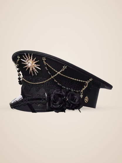 Copper Sunburst Medallion Officer Cap in Red Roses, product photo, another angle