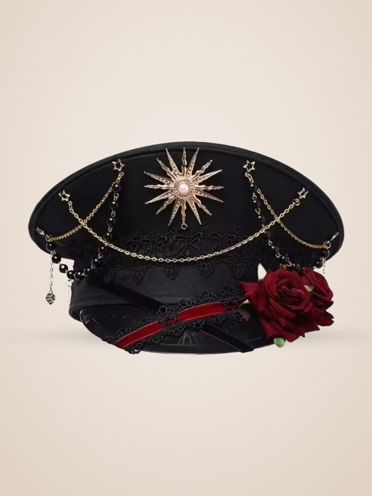 Copper Sunburst Medallion Officer Cap in Red Roses, product photo, front view