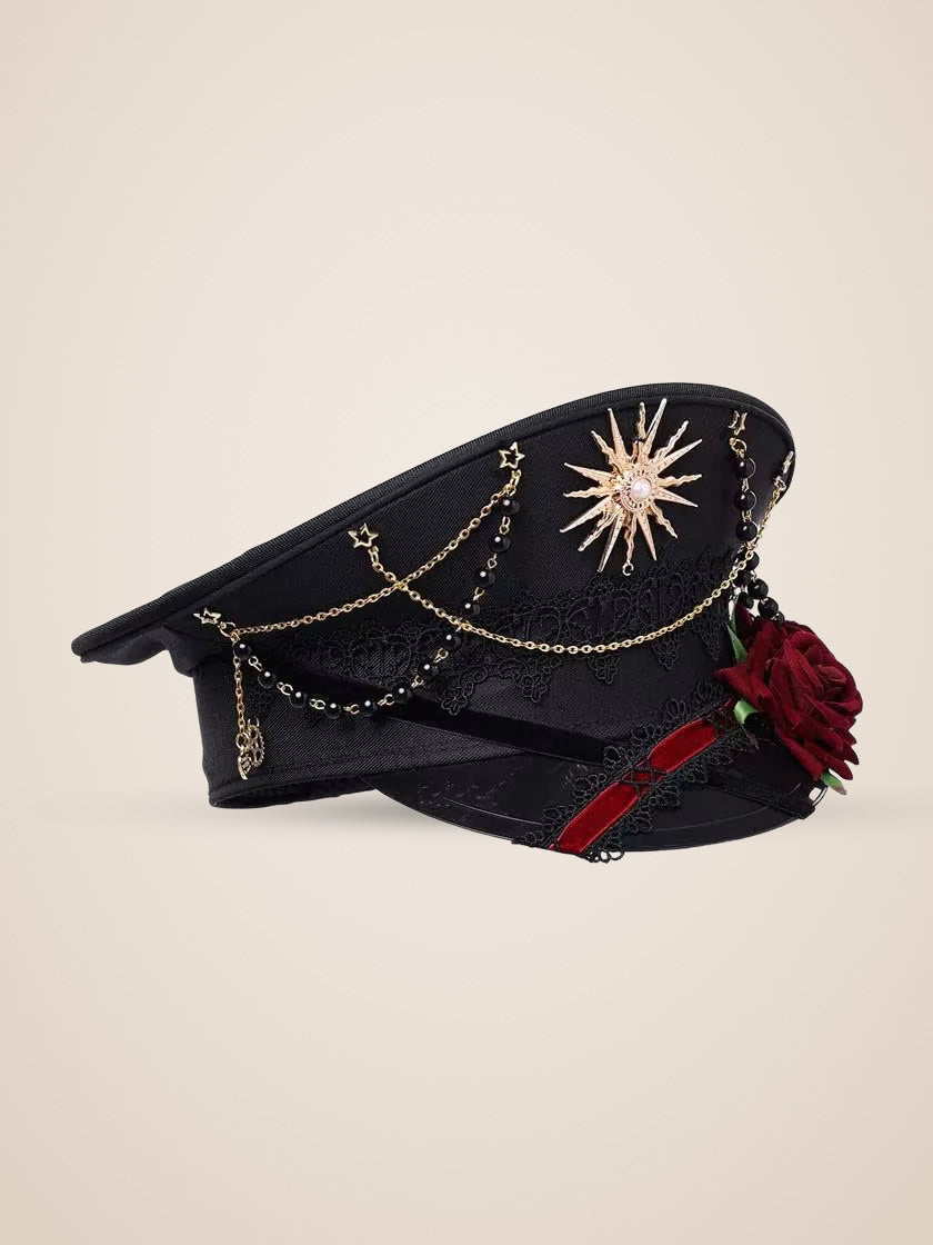 Copper Sunburst Medallion Officer Cap in Red Roses, product photo, side view