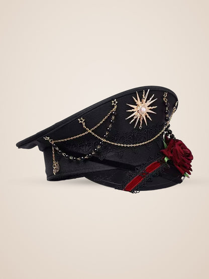 Copper Sunburst Medallion Officer Cap in Red Roses, product photo, side view