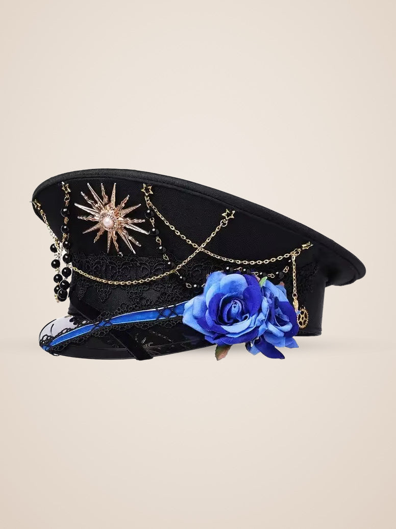 Copper Sunburst Medallion Officer Cap in Blue Roses, product photo, three quarter view