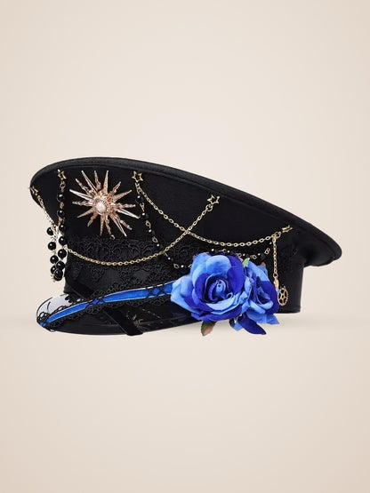 Copper Sunburst Medallion Officer Cap in Blue Roses, product photo, three quarter view