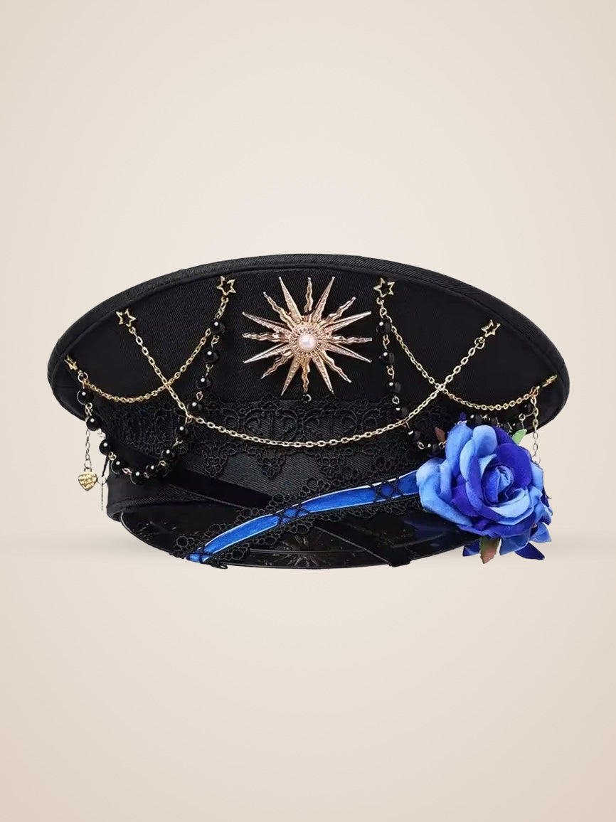 Copper Sunburst Medallion Officer Cap in Blue Roses, product photo, front view, front