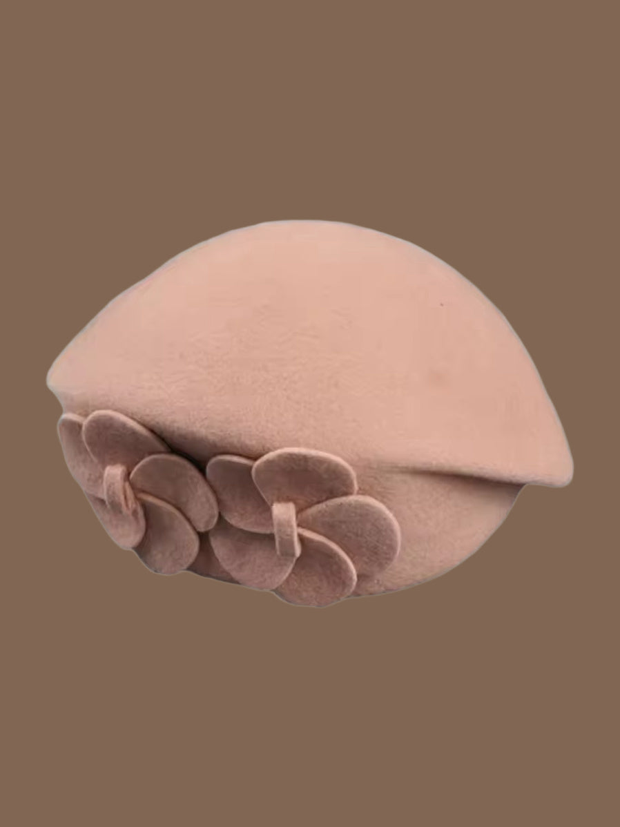 Layered Petal Rosette Wool Blend Beret in Camel, product photo, side view, left side, picture 2