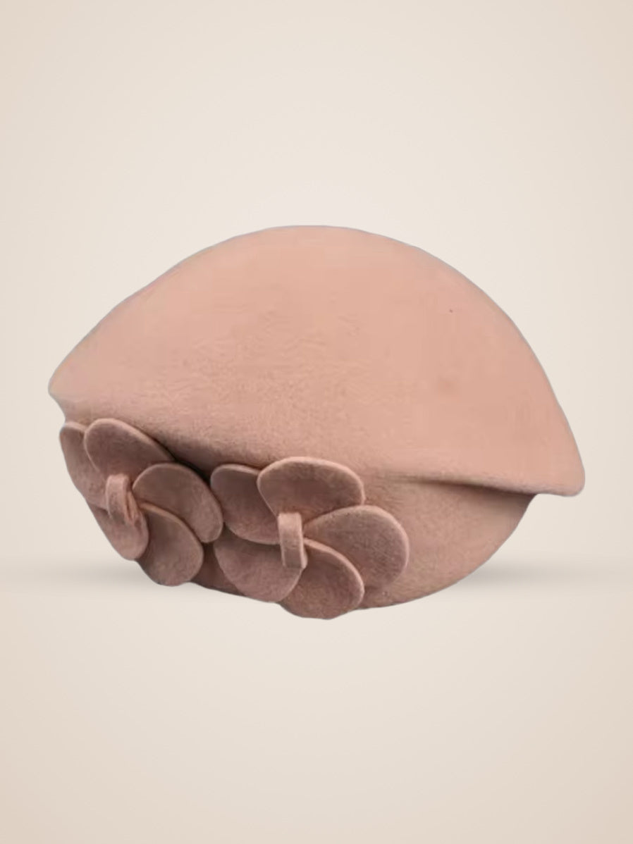 Layered Petal Rosette Wool Blend Beret in Camel, product photo, side view, left side, picture 3