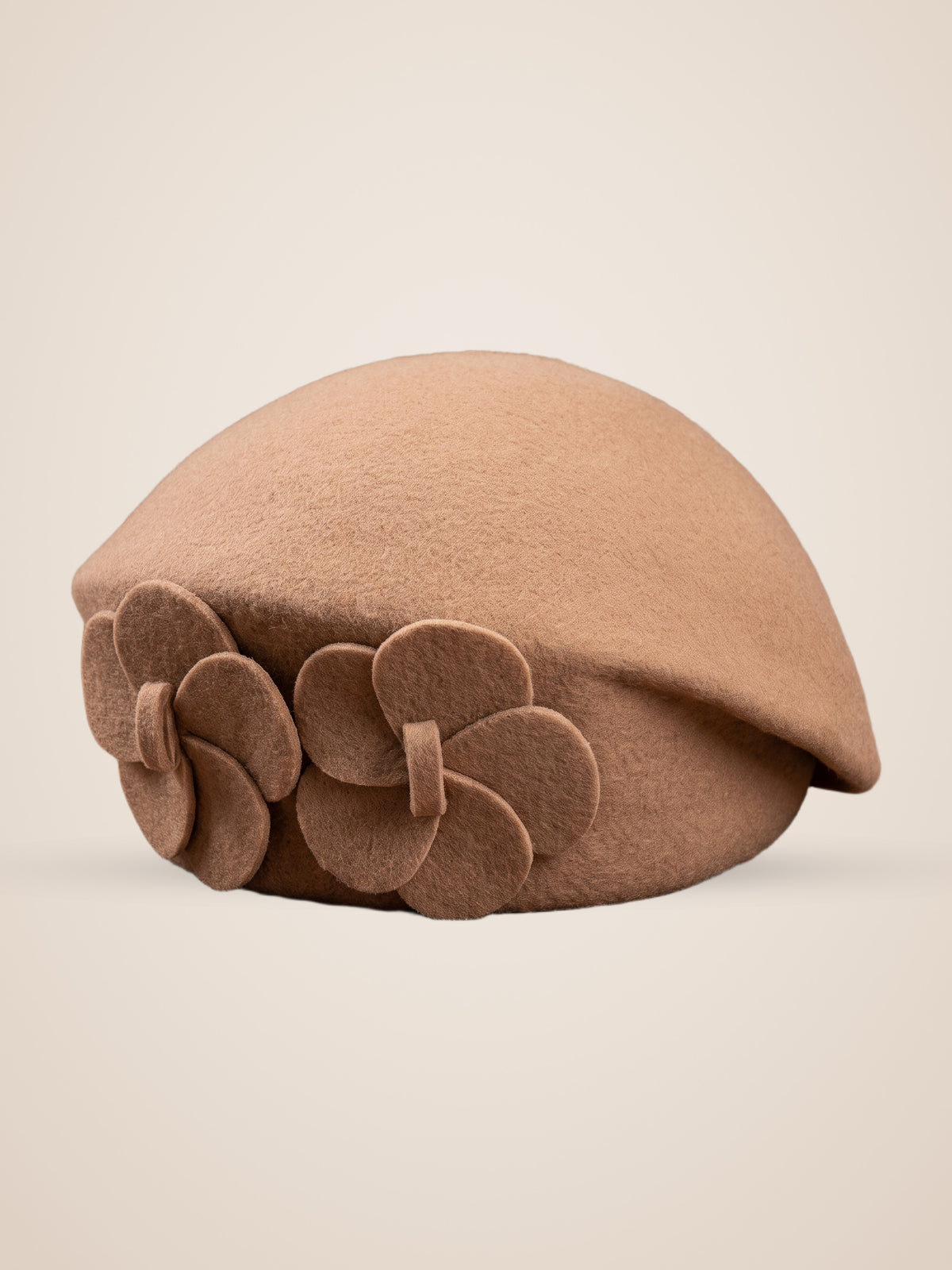 Layered Petal Rosette Wool Blend Beret in Camel, product photo, front view, front, picture 6