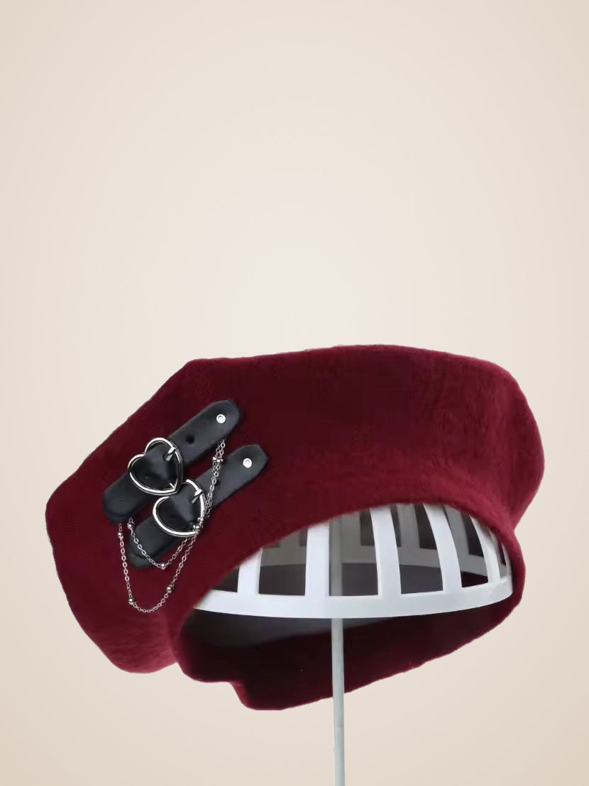 Double Heart Buckle Chain Beret in Wine Red, product photo, side view