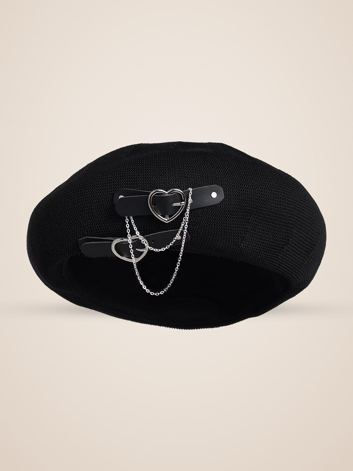 Double Heart Buckle Chain Beret in Black, product photo, side view, right side
