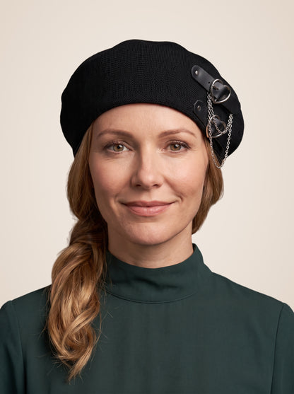 Double Heart Buckle Chain Beret in Black, worn by a model, front view