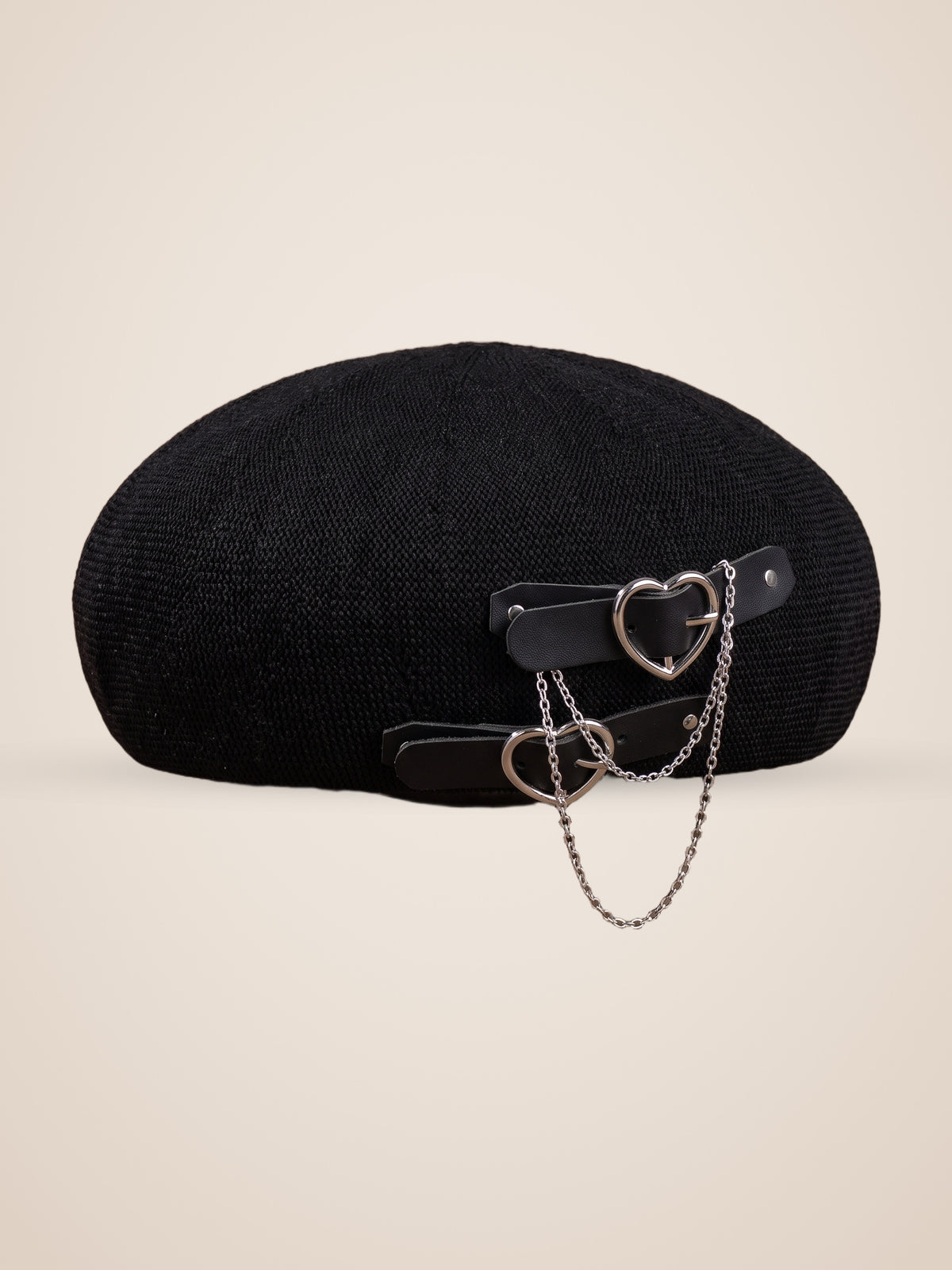 Double Heart Buckle Chain Beret in Black, product photo, front view