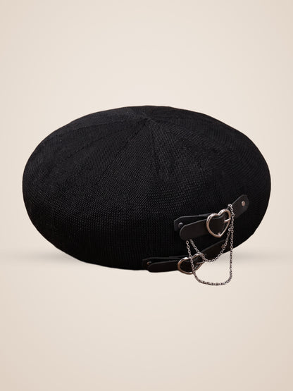 Double Heart Buckle Chain Beret in Black, product photo, back view