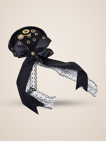 Clockwork Gear Cluster Bow Mini Top Hat in Black, product photo, front view