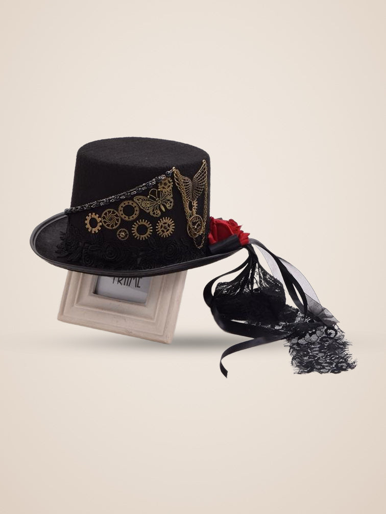 Gear Butterfly Rose Streamer Top Hat in Black, product photo, three quarter view, front right, seen from above, picture 1