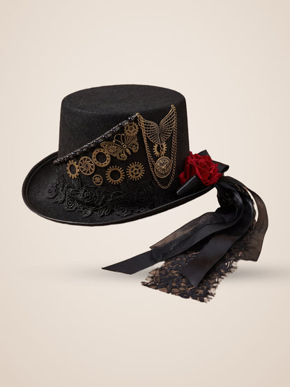 Gear Butterfly Rose Streamer Top Hat in Black, product photo, three quarter view, front right, seen from above, picture 4